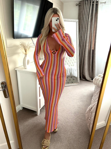Pink Zig Zag Wavy Ring Neck Midi Dress long sleeve
