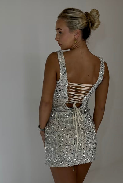 Beige Sliver Sequin Lace Back Dress