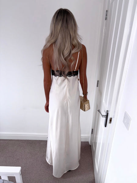 Cream & Black Lace Satin Maxi Dress