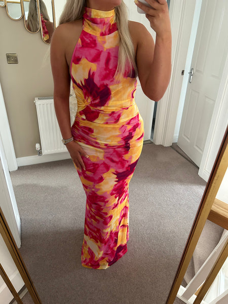 Fuchsia Tie Dye Halter Neck Maxi Dress