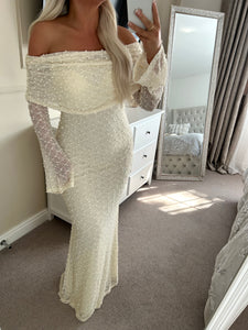 Cream Knit Long Bardot Maxi Dress