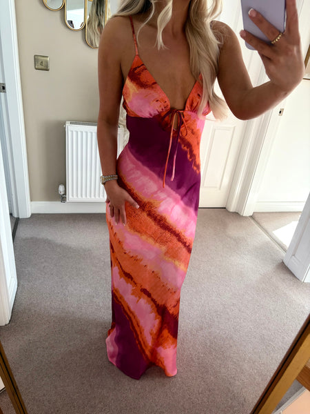 Pink Satin Abstract Cut Out Back Maxi Dress