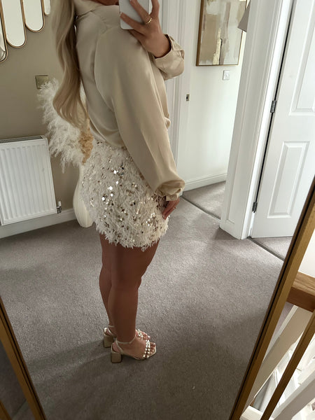 Beige Faux Feather Sequin Skirt