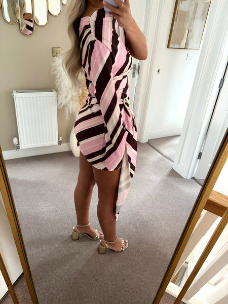 Pink Striped One Sleeve Drape Mini Dress