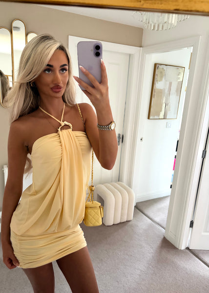 Yellow Draped Gold-Ring Halter Bodycon Mini Dress