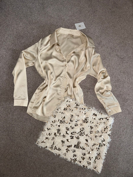 Beige Faux Feather Sequin Skirt