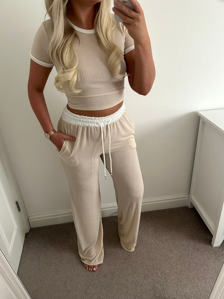 Beige Contrast Ribbed Top And Flare Trouser Set