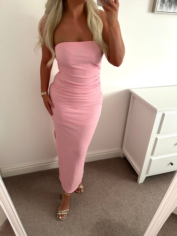 Ruched Pink Bandeau Midi Dress