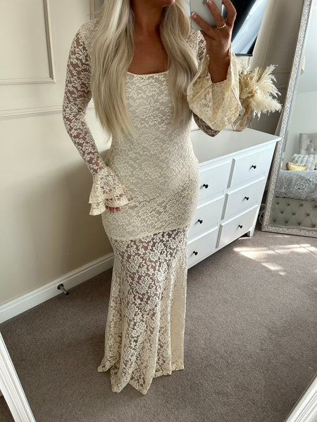 Beige Lace Flare Cuffs Maxi Dress