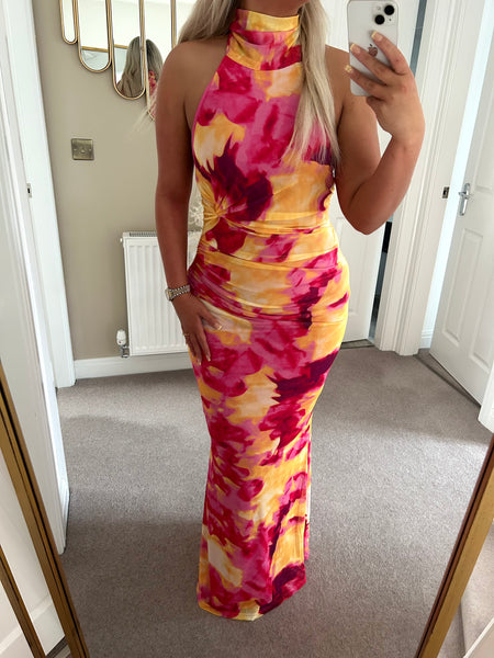 Fuchsia Tie Dye Halter Neck Maxi Dress