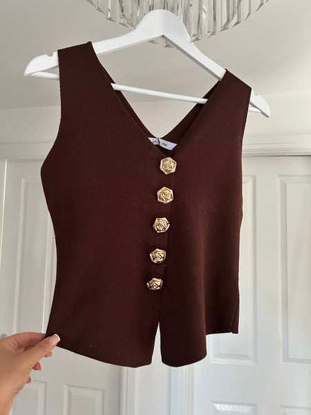 Brown Fine Knit Floral Button Waistcoat
