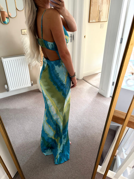 Blue Satin Abstract Cut Out Back Maxi Dress