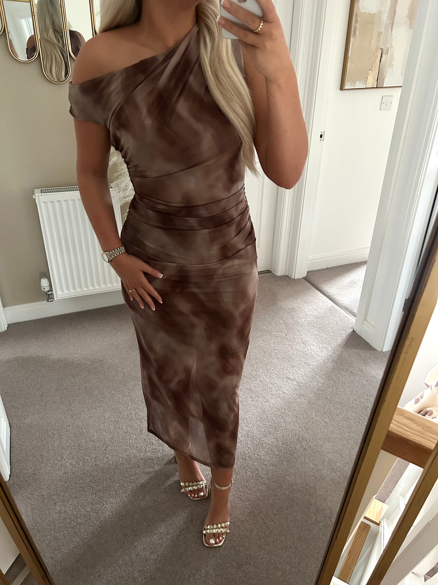 Marble Print Asymmetric Shoulder Maxi Dress