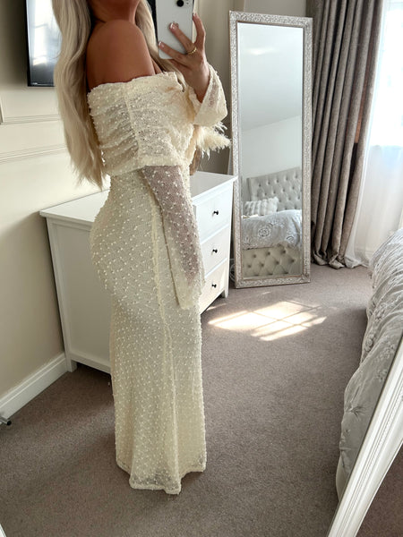 Cream Knit Long Bardot Maxi Dress