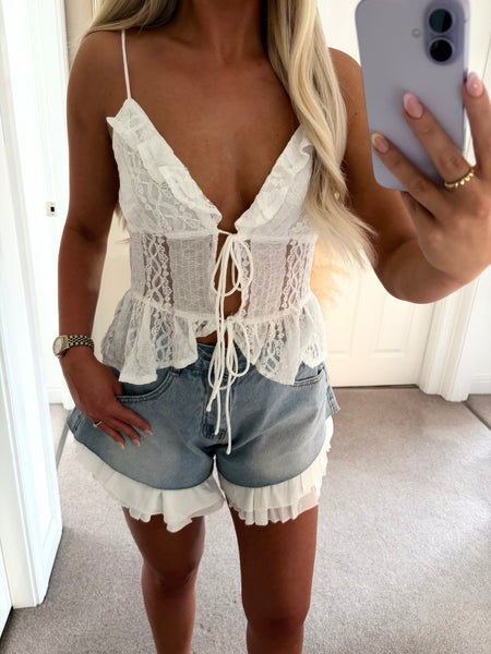 White Tie Front Frilled Cami Top