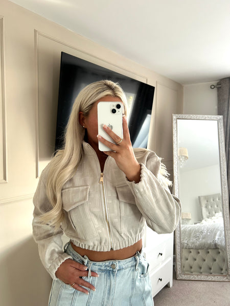 Beige Embossed Cropped Faux Suede Bomber Jacket