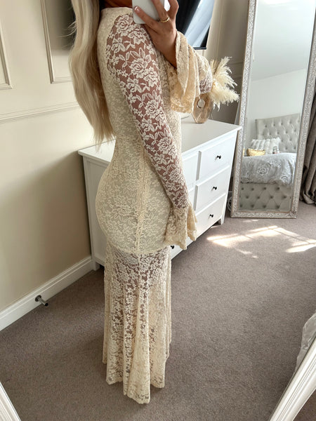 Beige Lace Flare Cuffs Maxi Dress