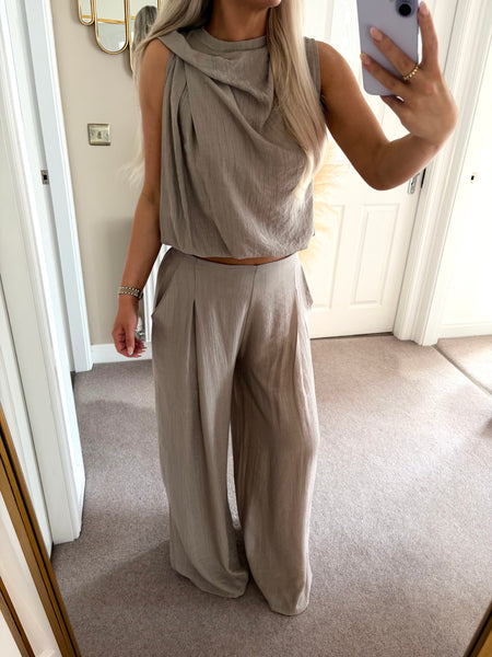 Taupe Balloon Hem Top and Trouser Set