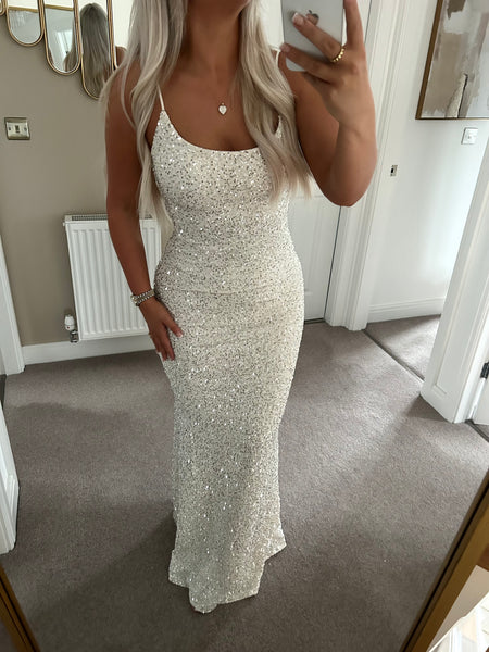 Cream Sequin Long Maxi Dress