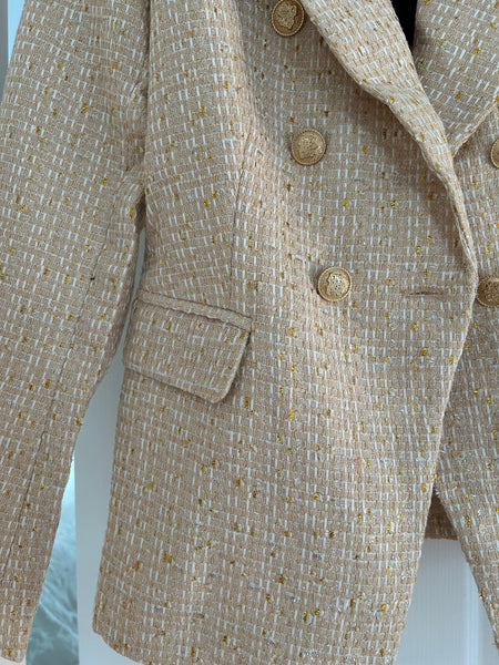 Beige Metallic Tweed Double Button Blazer