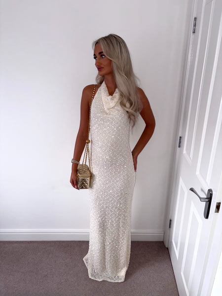 Cream Knit Sequin Halterneck Open Back Maxi Dress