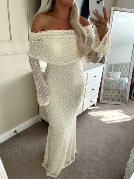 Cream Knit Long Bardot Maxi Dress