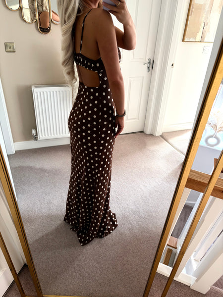 Brown Polka Dot Cut Out Back Maxi Dress