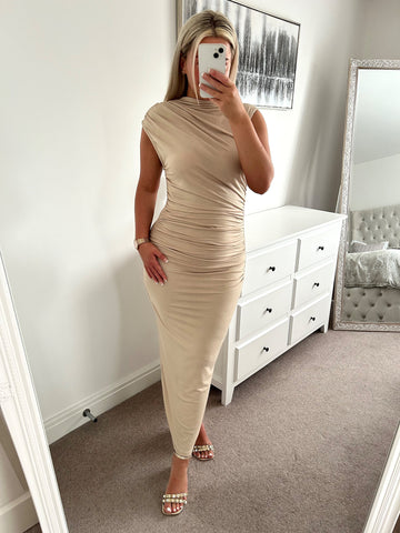 Beige Ruched Maxi Dress