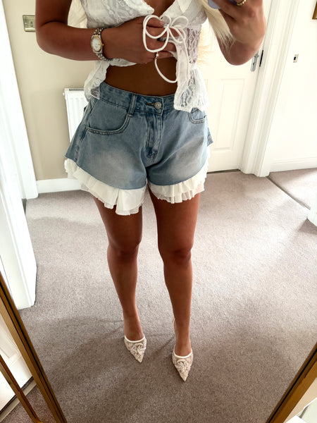 Denim Flowing Shorts With Frill Underlay