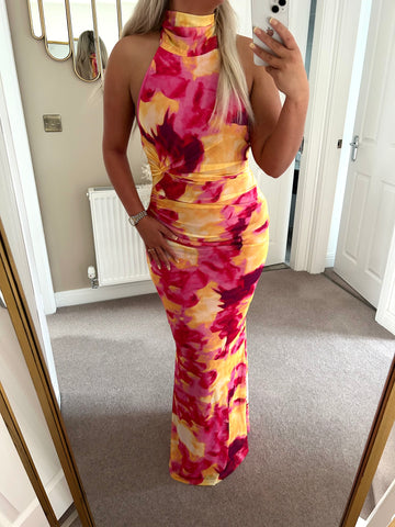 Fuchsia Tie Dye Halter Neck Maxi Dress