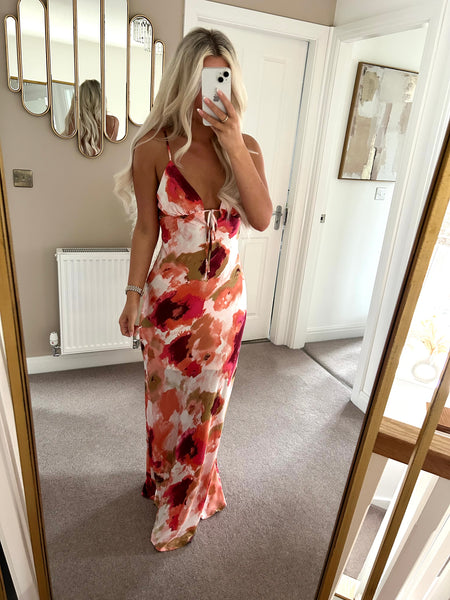 Watercolour Satin Cut Out Back Maxi Dress