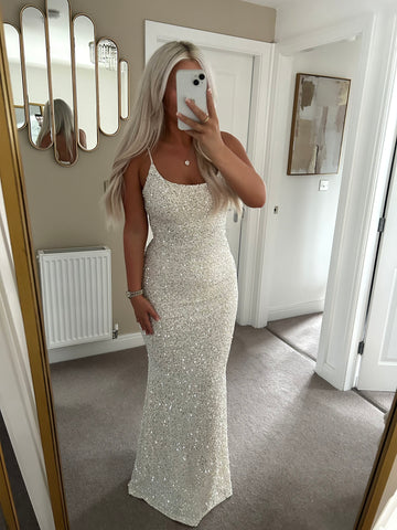 Cream Sequin Long Maxi Dress
