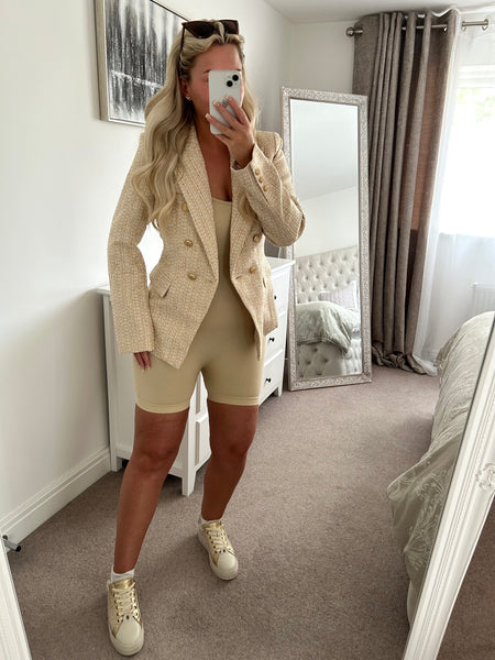 Beige Metallic Tweed Double Button Blazer