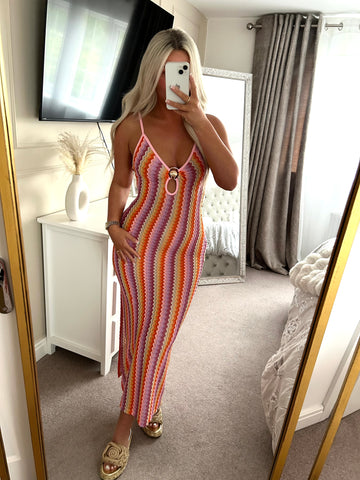 Pink Zig Zag Golden Ring Cut Out Dress
