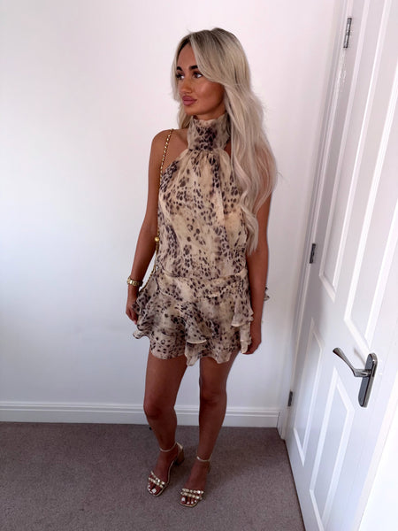 Leopard Halter Neck Ruffle Playsuit