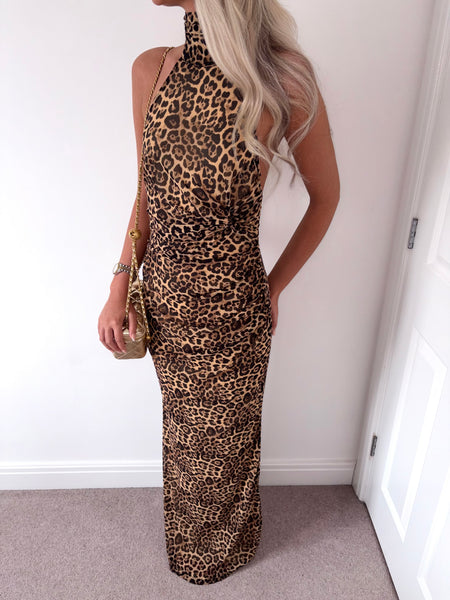 Leopard Print Halter Neck Maxi Dress