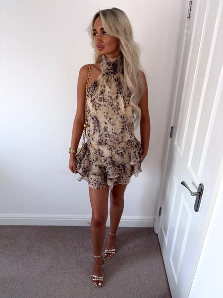 Leopard Halter Neck Ruffle Playsuit