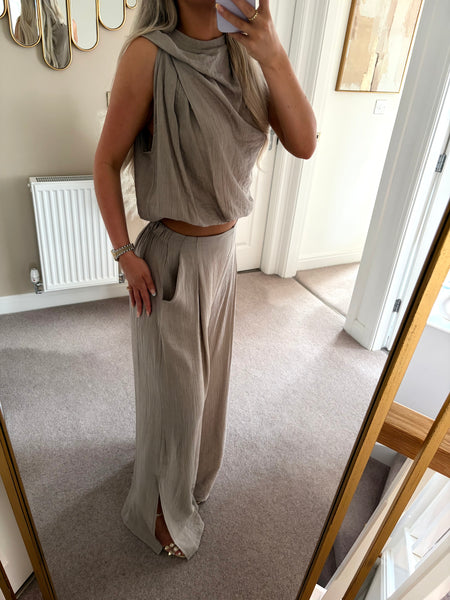 Taupe Balloon Hem Top and Trouser Set
