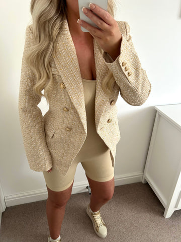 Beige Metallic Tweed Double Button Blazer