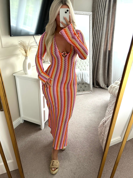 Pink Zig Zag Wavy Ring Neck Midi Dress long sleeve