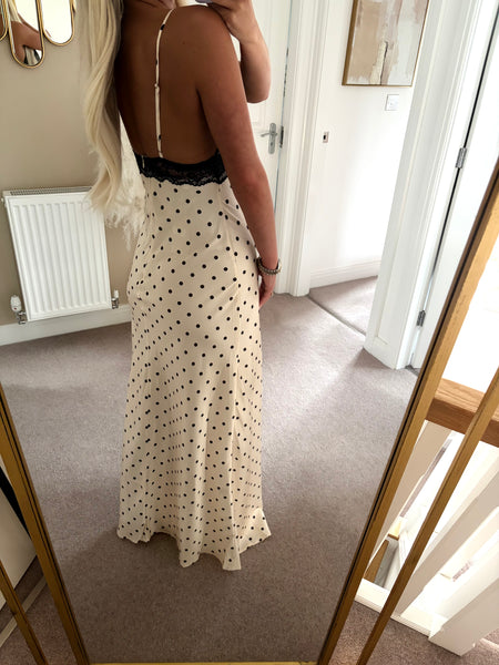 Beige Lace Detail Polka Dot Maxi Dress