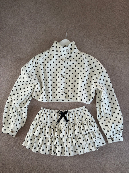 White Polka Dot Cropped Jacket and Ruffle Skirt Set