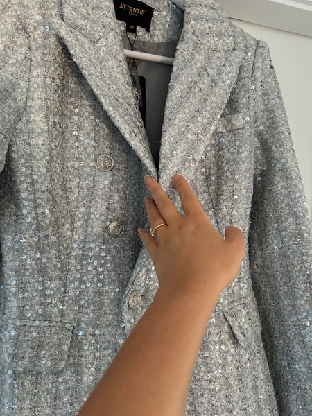 Grey Sequin Double Breasted Blazer