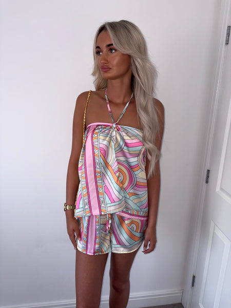 Pink Scarf Print Halterneck Top and Shorts Set