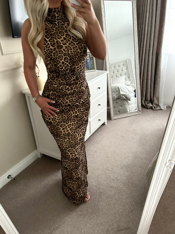 Leopard Print Halter Neck Maxi Dress