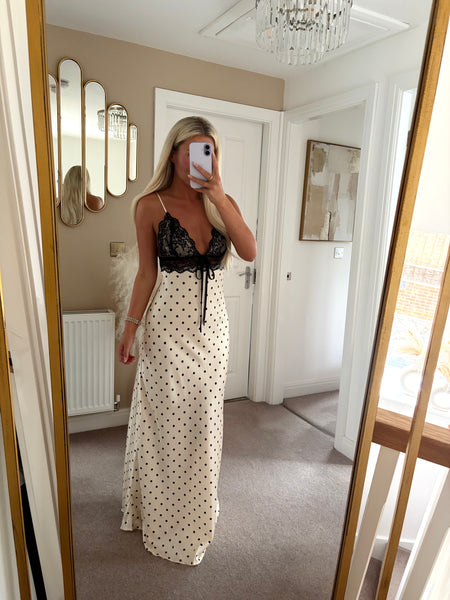 Beige Lace Detail Polka Dot Maxi Dress