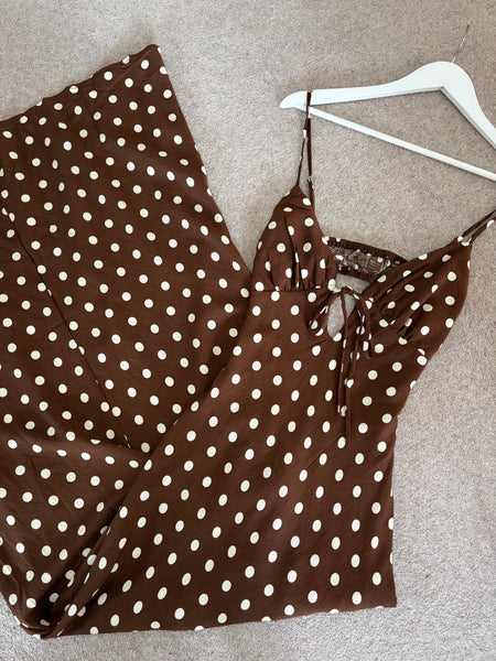 Brown Polka Dot Cut Out Back Maxi Dress