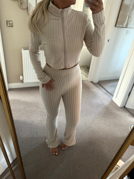 Beige Zip Front Rib Top And Flare Trouser Set