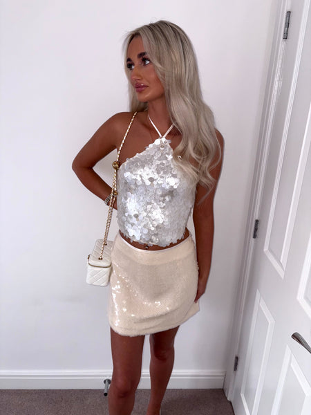 Cream Sequin Halter Open Back Blouse Top