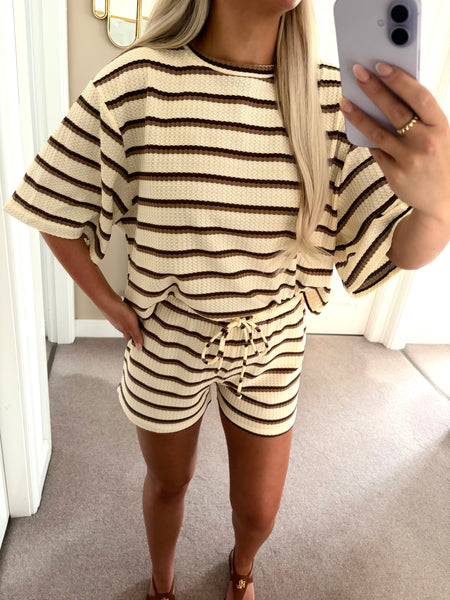 Cream Stripe T-shirt & Shorts Two Piece Set